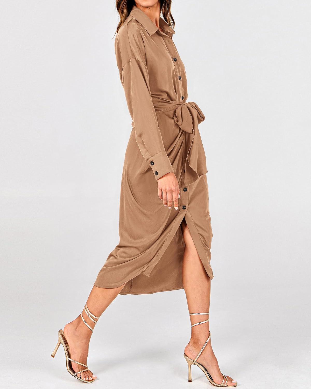 imageBTFBM Maxi Dresses for Women Fall 2025 Long Sleeve Lapel Neck Button Down Elegant Satin Belted Ruched Summer Shirt DressLight Khaki