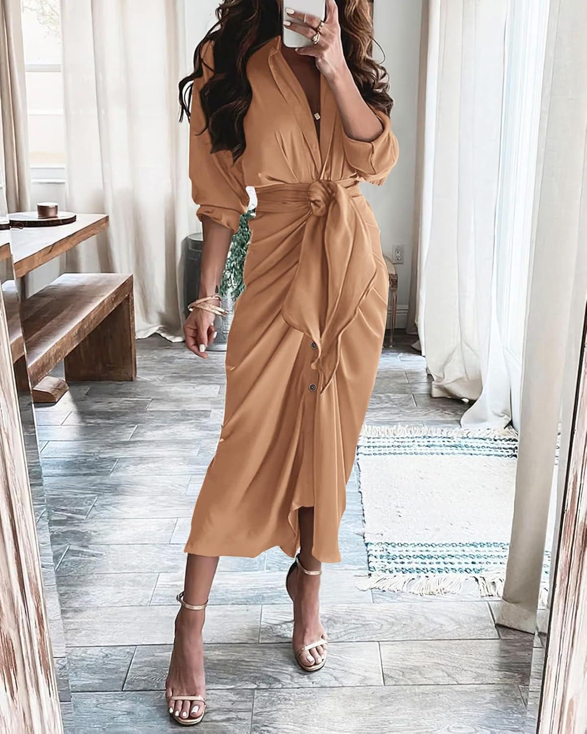 imageBTFBM Maxi Dresses for Women Fall 2025 Long Sleeve Lapel Neck Button Down Elegant Satin Belted Ruched Summer Shirt DressLight Khaki