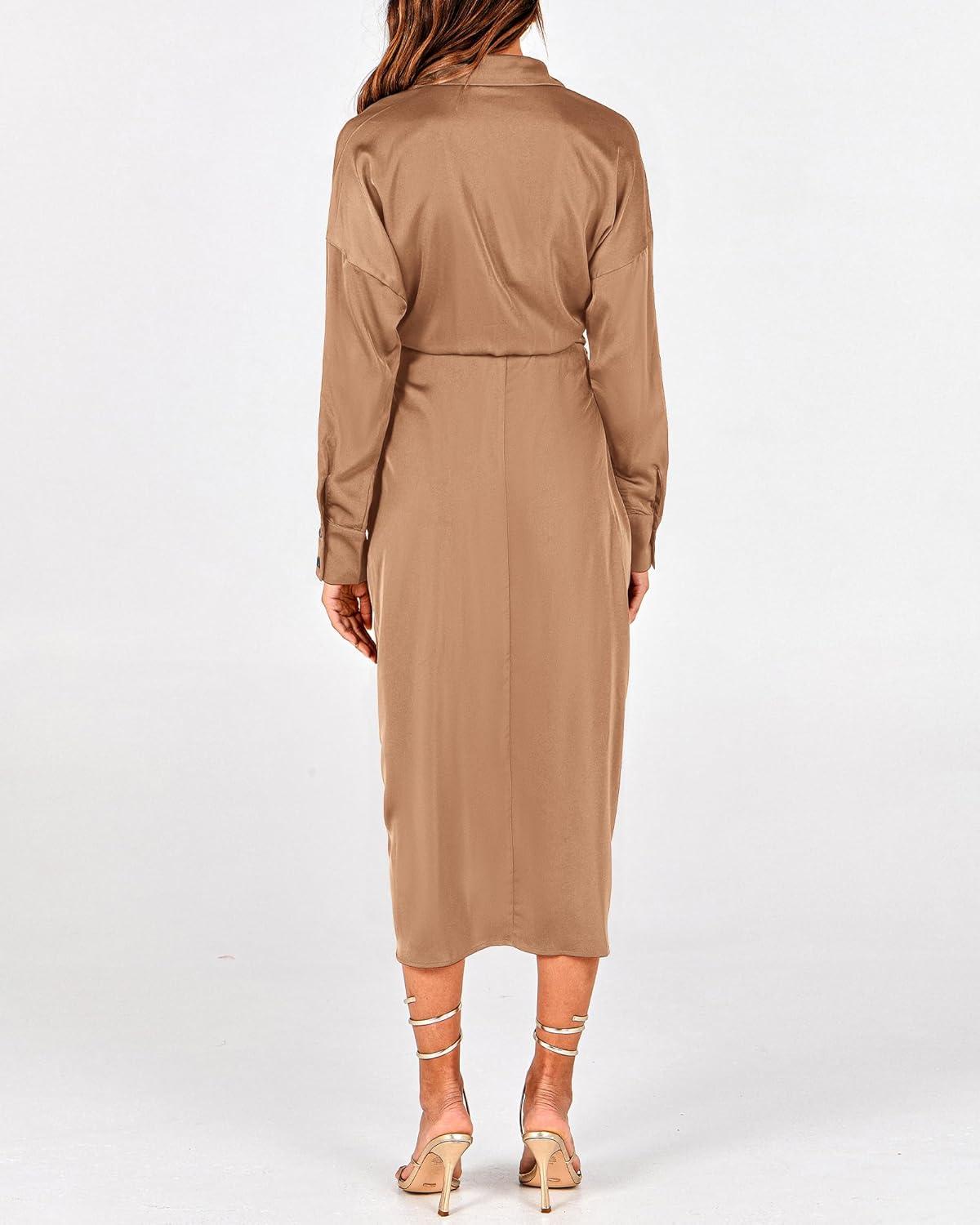 imageBTFBM Maxi Dresses for Women Fall 2025 Long Sleeve Lapel Neck Button Down Elegant Satin Belted Ruched Summer Shirt DressLight Khaki