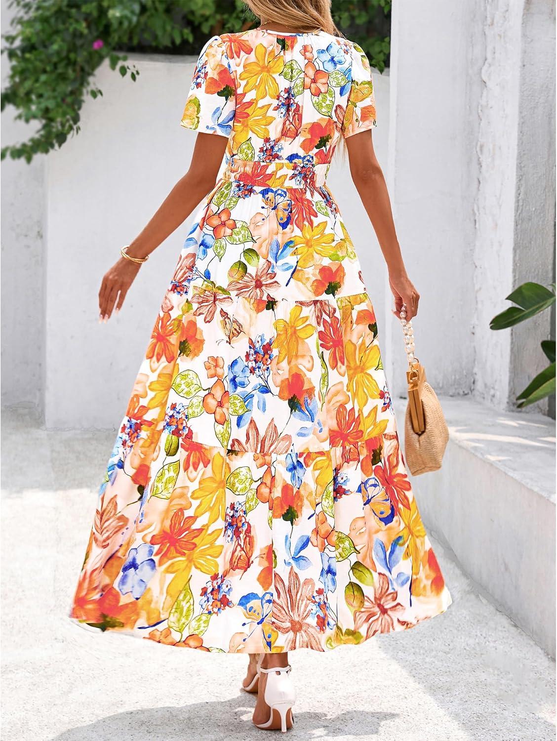 imageBTFBM Summer Dresses for Women 2025 Floral Casual Short Sleeve V Neck Elastic Waist Maxi Wedding Guest Dress PocketsFloral Multicolored