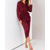 imageBTFBM Maxi Dresses for Women Fall 2025 Long Sleeve Lapel Neck Button Down Elegant Satin Belted Ruched Summer Shirt DressDark Wine Red