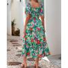 imageBTFBM Womens Square Neck Smocked Dress Summer Puff Short Sleeve Floral Casual Ruffle Tiered Maxi Wedding Guest DressesFloral Green Orange