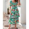 imageBTFBM Womens Square Neck Smocked Dress Summer Puff Short Sleeve Floral Casual Ruffle Tiered Maxi Wedding Guest DressesFloral Green Orange
