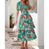 imageBTFBM Womens Square Neck Smocked Dress Summer Puff Short Sleeve Floral Casual Ruffle Tiered Maxi Wedding Guest DressesFloral Green Orange