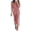 imageBTFBM Maxi Dresses for Women Fall 2025 Long Sleeve Lapel Neck Button Down Elegant Satin Belted Ruched Summer Shirt DressPink