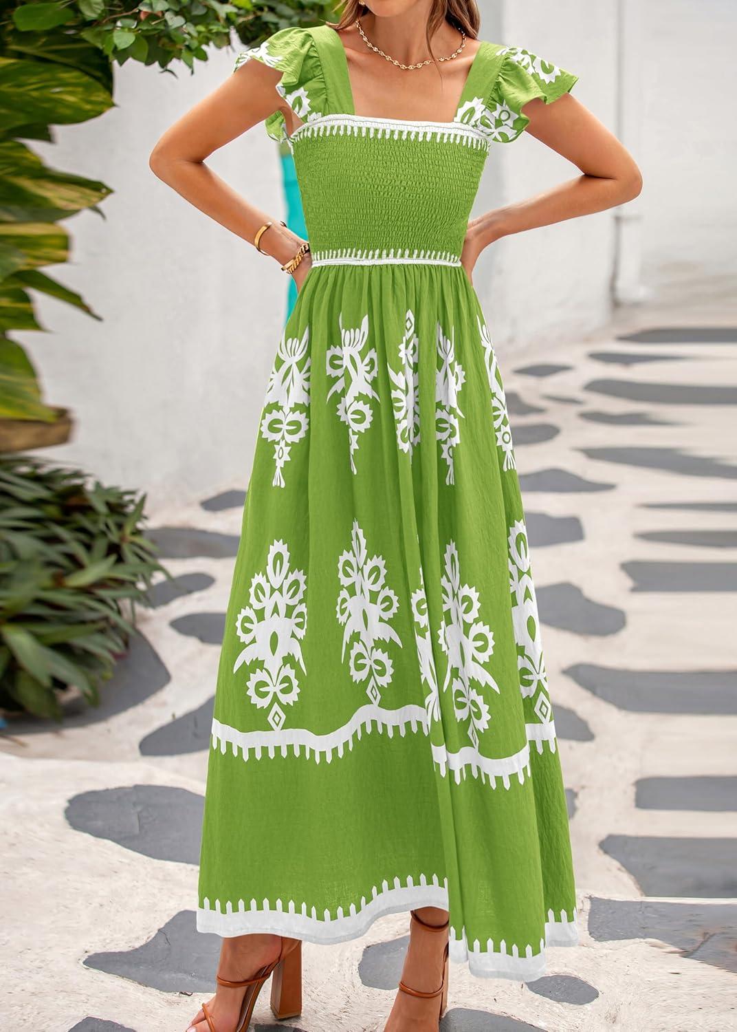 imageBTFBM Summer Dresses for Women 2025 Floral Smocked Boho Sleeveless Square Neck A Line Casual Beach Maxi Dress PocketsGreen