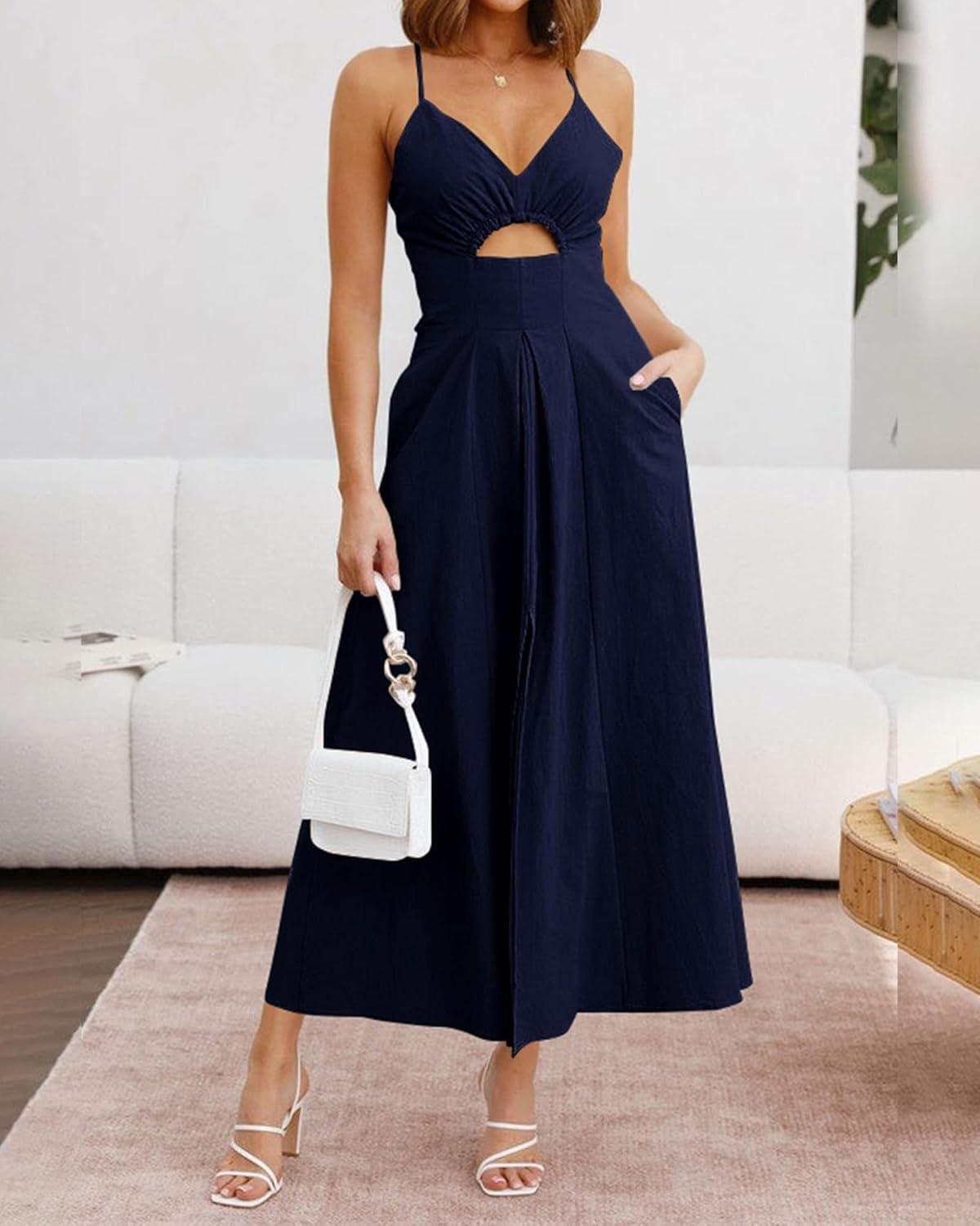 imageBTFBM Women 2025 Summer Spaghetti Strap Midi Dress Sleeveless V Neck Cutout Slit Casual Beach Party Maxi Dresses PocketsNavy