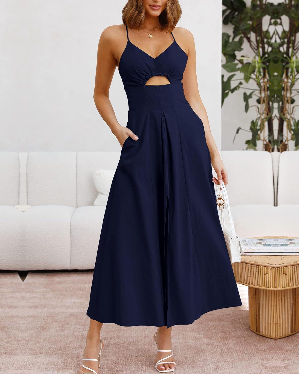 imageBTFBM Women 2025 Summer Spaghetti Strap Midi Dress Sleeveless V Neck Cutout Slit Casual Beach Party Maxi Dresses PocketsNavy