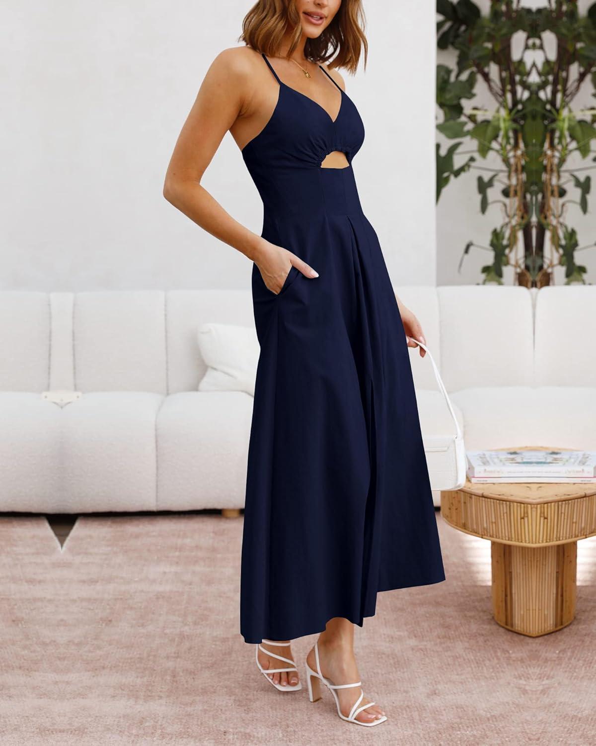 imageBTFBM Women 2025 Summer Spaghetti Strap Midi Dress Sleeveless V Neck Cutout Slit Casual Beach Party Maxi Dresses PocketsNavy