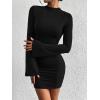 imageBTFBM Fall Dresses for Women 2025 Fashion Bodycon Bell Long Sleeve Mock Neck Party Club Outfits Going Out Mini DressBlack