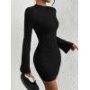 imageBTFBM Fall Dresses for Women 2025 Fashion Bodycon Bell Long Sleeve Mock Neck Party Club Outfits Going Out Mini DressBlack