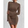 imageBTFBM Fall Dresses for Women 2025 Fashion Bodycon Bell Long Sleeve Mock Neck Party Club Outfits Going Out Mini DressBrown