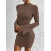 imageBTFBM Fall Dresses for Women 2025 Fashion Bodycon Bell Long Sleeve Mock Neck Party Club Outfits Going Out Mini DressBrown