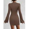 imageBTFBM Fall Dresses for Women 2025 Fashion Bodycon Bell Long Sleeve Mock Neck Party Club Outfits Going Out Mini DressBrown