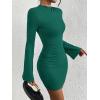 imageBTFBM Fall Dresses for Women 2025 Fashion Bodycon Bell Long Sleeve Mock Neck Party Club Outfits Going Out Mini DressDark Green