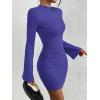 imageBTFBM Fall Dresses for Women 2025 Fashion Bodycon Bell Long Sleeve Mock Neck Party Club Outfits Going Out Mini DressRoyal Blue