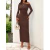 imageBTFBM One Shoulder Long Sleeve Dresses for Women Fall 2025 Bodycon Ruched Night Out Cocktail Wedding Guest Maxi DressBrown