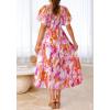 imageBTFBM Summer Floral Dress for Women 2025 Spring Boho Short Sleeve Square Neck Smocked Flowy Maxi Beach Vacation DressesFloral Brown Purple