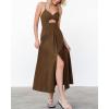 imageBTFBM Women 2025 Summer Spaghetti Strap Midi Dress Sleeveless V Neck Cutout Slit Casual Beach Party Maxi Dresses PocketsBrown