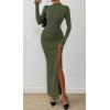 imageBTFBM Womens Formal Dresses 2025 Fall Long Sleeve Mock Neck Ruched Bodycon Slit Maxi Wedding Guest Cocktail DressArmy Green