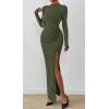 imageBTFBM Womens Formal Dresses 2025 Fall Long Sleeve Mock Neck Ruched Bodycon Slit Maxi Wedding Guest Cocktail DressArmy Green
