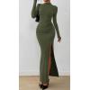 imageBTFBM Womens Formal Dresses 2025 Fall Long Sleeve Mock Neck Ruched Bodycon Slit Maxi Wedding Guest Cocktail DressArmy Green