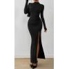 imageBTFBM Womens Formal Dresses 2025 Fall Long Sleeve Mock Neck Ruched Bodycon Slit Maxi Wedding Guest Cocktail DressBlack