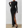 imageBTFBM Womens Formal Dresses 2025 Fall Long Sleeve Mock Neck Ruched Bodycon Slit Maxi Wedding Guest Cocktail DressBlack