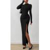 imageBTFBM Womens Formal Dresses 2025 Fall Long Sleeve Mock Neck Ruched Bodycon Slit Maxi Wedding Guest Cocktail DressBlack