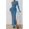 imageBTFBM Womens Formal Dresses 2025 Fall Long Sleeve Mock Neck Ruched Bodycon Slit Maxi Wedding Guest Cocktail DressBlue