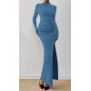 imageBTFBM Womens Formal Dresses 2025 Fall Long Sleeve Mock Neck Ruched Bodycon Slit Maxi Wedding Guest Cocktail DressBlue