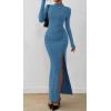 imageBTFBM Womens Formal Dresses 2025 Fall Long Sleeve Mock Neck Ruched Bodycon Slit Maxi Wedding Guest Cocktail DressBlue