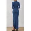 imageBTFBM Womens Formal Dresses 2025 Fall Long Sleeve Mock Neck Ruched Bodycon Slit Maxi Wedding Guest Cocktail DressDark Blue