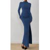 imageBTFBM Womens Formal Dresses 2025 Fall Long Sleeve Mock Neck Ruched Bodycon Slit Maxi Wedding Guest Cocktail DressDark Blue