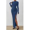 imageBTFBM Womens Formal Dresses 2025 Fall Long Sleeve Mock Neck Ruched Bodycon Slit Maxi Wedding Guest Cocktail DressDark Blue