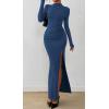 imageBTFBM Womens Formal Dresses 2025 Fall Long Sleeve Mock Neck Ruched Bodycon Slit Maxi Wedding Guest Cocktail DressDark Blue