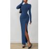 imageBTFBM Womens Formal Dresses 2025 Fall Long Sleeve Mock Neck Ruched Bodycon Slit Maxi Wedding Guest Cocktail DressDark Blue