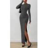 imageBTFBM Womens Formal Dresses 2025 Fall Long Sleeve Mock Neck Ruched Bodycon Slit Maxi Wedding Guest Cocktail DressDark Grey