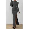 imageBTFBM Womens Formal Dresses 2025 Fall Long Sleeve Mock Neck Ruched Bodycon Slit Maxi Wedding Guest Cocktail DressDark Grey