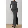 imageBTFBM Womens Formal Dresses 2025 Fall Long Sleeve Mock Neck Ruched Bodycon Slit Maxi Wedding Guest Cocktail DressDark Grey