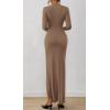 imageBTFBM Womens Formal Dresses 2025 Fall Long Sleeve Mock Neck Ruched Bodycon Slit Maxi Wedding Guest Cocktail DressKhaki