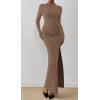 imageBTFBM Womens Formal Dresses 2025 Fall Long Sleeve Mock Neck Ruched Bodycon Slit Maxi Wedding Guest Cocktail DressKhaki
