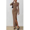 imageBTFBM Womens Formal Dresses 2025 Fall Long Sleeve Mock Neck Ruched Bodycon Slit Maxi Wedding Guest Cocktail DressKhaki