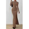 imageBTFBM Womens Formal Dresses 2025 Fall Long Sleeve Mock Neck Ruched Bodycon Slit Maxi Wedding Guest Cocktail DressKhaki