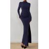 imageBTFBM Womens Formal Dresses 2025 Fall Long Sleeve Mock Neck Ruched Bodycon Slit Maxi Wedding Guest Cocktail DressNavy Blue