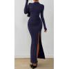 imageBTFBM Womens Formal Dresses 2025 Fall Long Sleeve Mock Neck Ruched Bodycon Slit Maxi Wedding Guest Cocktail DressNavy Blue