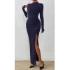 imageBTFBM Womens Formal Dresses 2025 Fall Long Sleeve Mock Neck Ruched Bodycon Slit Maxi Wedding Guest Cocktail DressNavy Blue