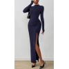 imageBTFBM Womens Formal Dresses 2025 Fall Long Sleeve Mock Neck Ruched Bodycon Slit Maxi Wedding Guest Cocktail DressNavy Blue