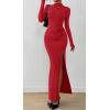 imageBTFBM Womens Formal Dresses 2025 Fall Long Sleeve Mock Neck Ruched Bodycon Slit Maxi Wedding Guest Cocktail DressRed