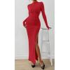 imageBTFBM Womens Formal Dresses 2025 Fall Long Sleeve Mock Neck Ruched Bodycon Slit Maxi Wedding Guest Cocktail DressRed
